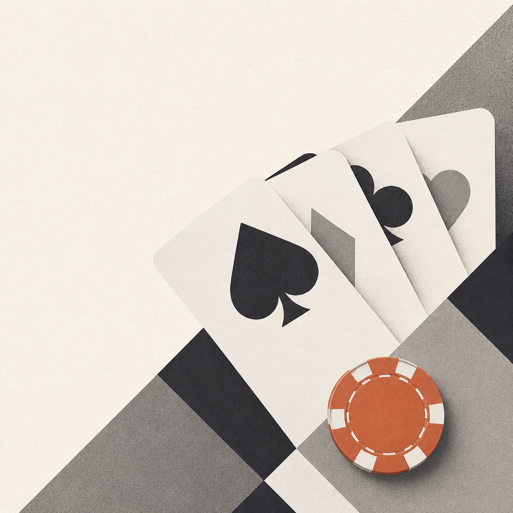 Stylised cards and a terracotta chip on paper