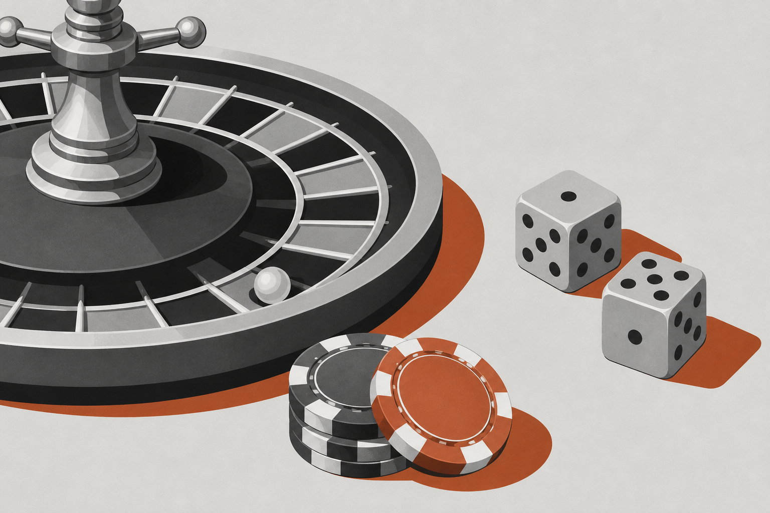 Roulette wheel detail and dice still life with terracotta accent